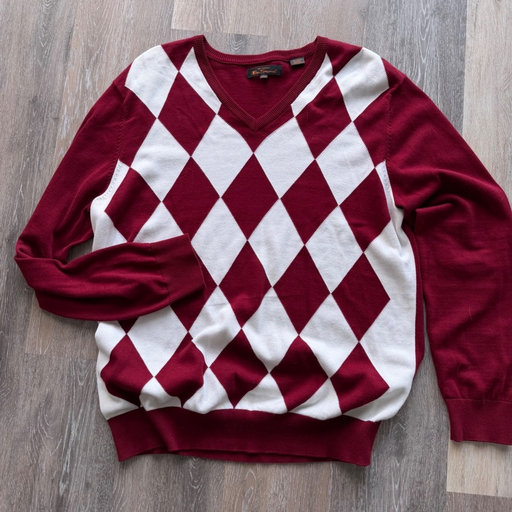 Ben Sherman Vintage Argyle V Neck Sweater Burgundy White Mens Size 2XL Knit